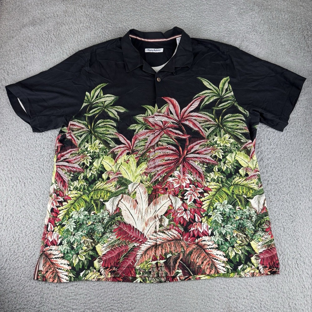 Tommy Bahama Black Tropical Palm Trees‎ 100% Silk Hawaiian Shirt Men's XL Tb93